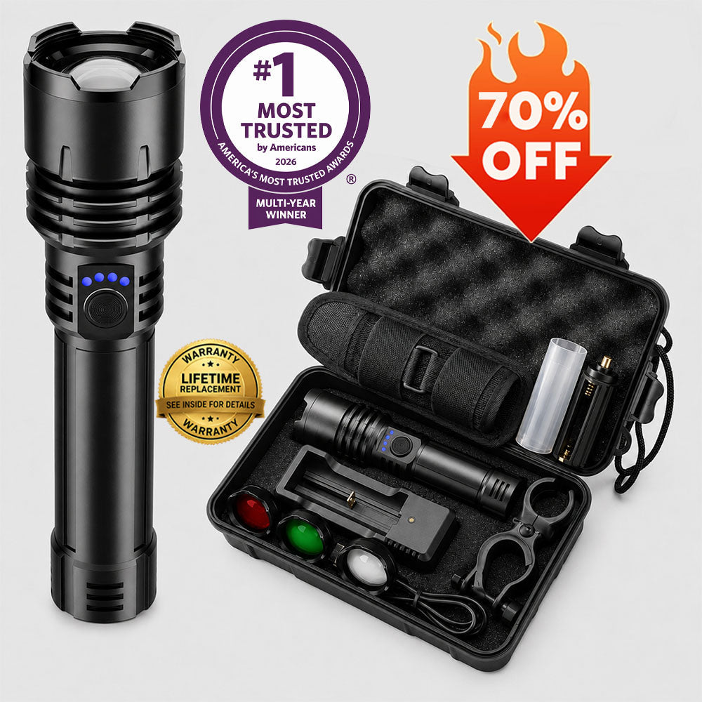 🔥HOT SALE: 70% OFF+ GIFT ⏰ 🔦 Super Bright LED Hunting Tactical Flashlight, 3 Color Lens, 80X Brighter CREE LED Beam, 70-Hour Runtime, Military-Grade Toughness For Hunting, Fishing & Camping