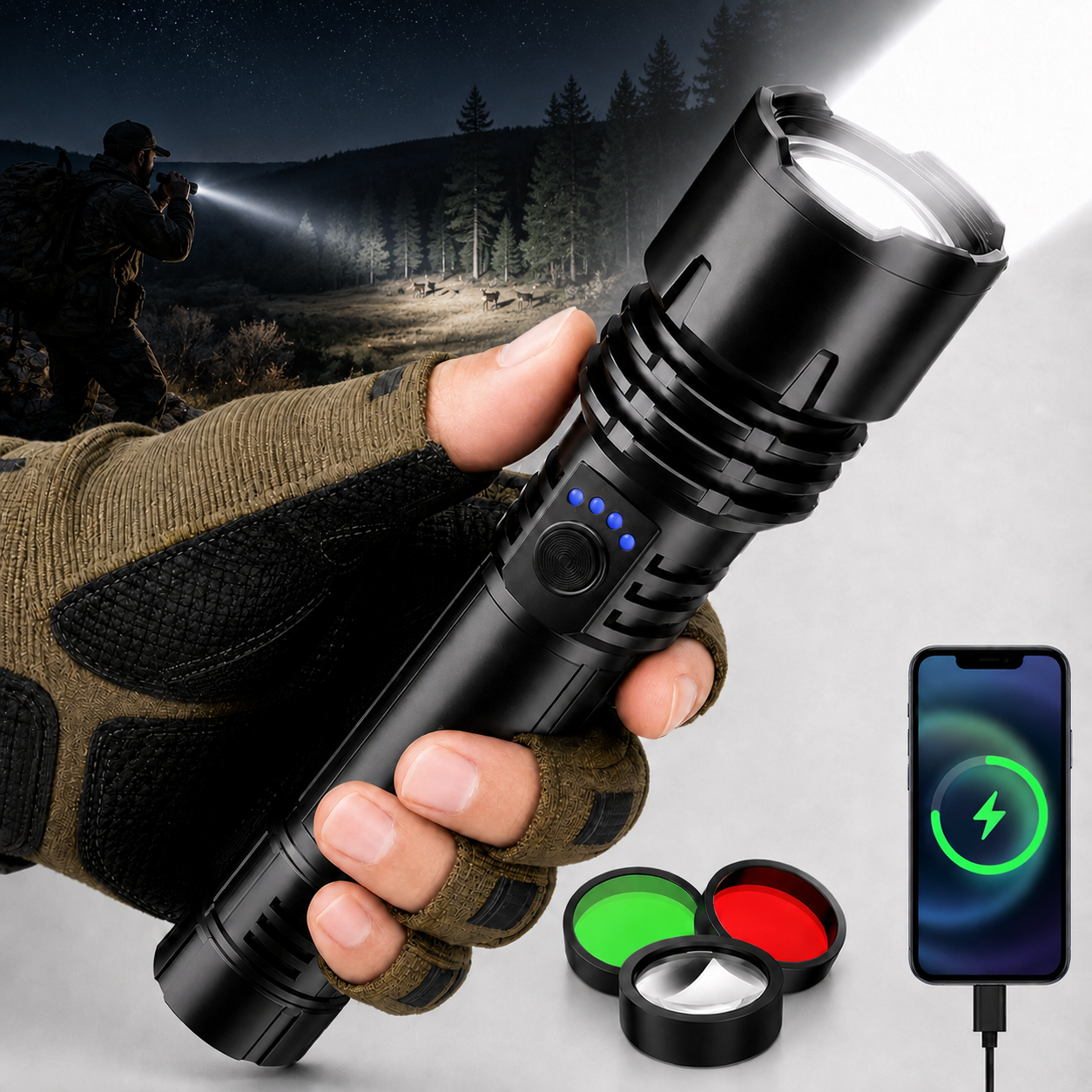 🔥HOT SALE: 70% OFF+ GIFT ⏰ 🔦 Super Bright LED Hunting Tactical Flashlight, 3 Color Lens, 80X Brighter CREE LED Beam, 70-Hour Runtime, Military-Grade Toughness For Hunting, Fishing & Camping